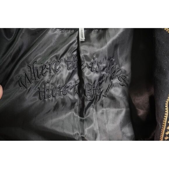 Paparazzi by Biz Black Long Denim Coat Embroidered w/ Gold Tan Intricate Design - Picture 8 of 10